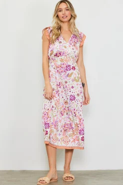 SKIES ARE BLUE Magnolia Border Print Flutter Sleeve Dress* Midi Dresses