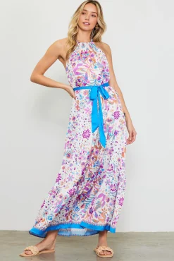 SKIES ARE BLUE Magnolia Border Print Halter Neck Maxi Dress* Maxi Dresses