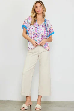 SKIES ARE BLUE Magnolia Border Print Short Sleeve Top* Short Sleeve Tops