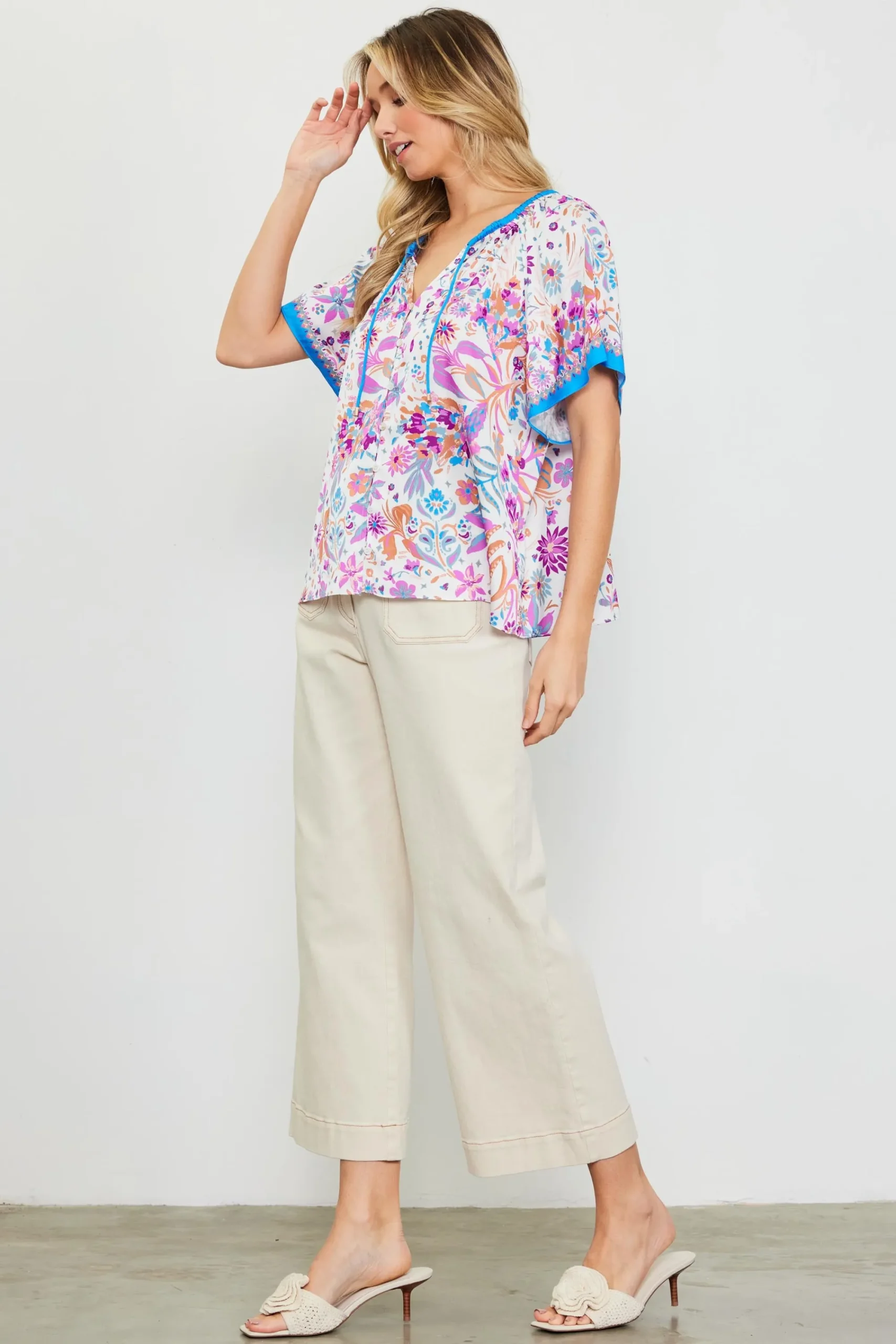 SKIES ARE BLUE Magnolia Border Print Short Sleeve Top* Short Sleeve Tops