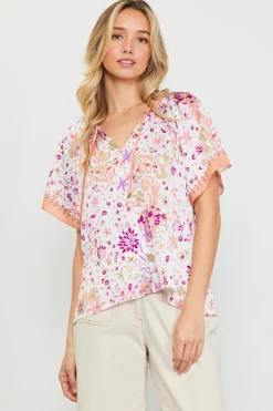 SKIES ARE BLUE Magnolia Border Print Short Sleeve Top* Short Sleeve Tops