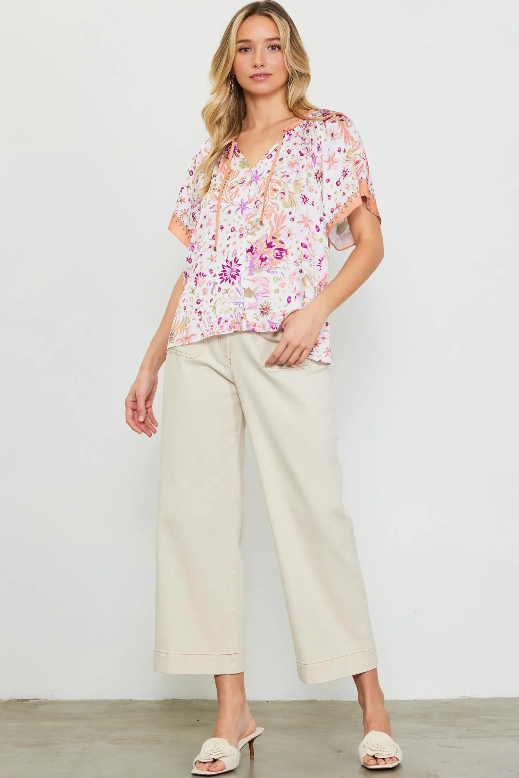 SKIES ARE BLUE Magnolia Border Print Short Sleeve Top* Short Sleeve Tops