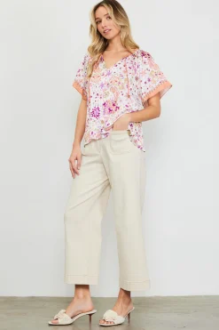 SKIES ARE BLUE Magnolia Border Print Short Sleeve Top* Short Sleeve Tops