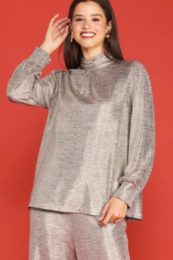 SKIES ARE BLUE Metallic Foil Print Mock Neck Top* Long Sleeve Tops
