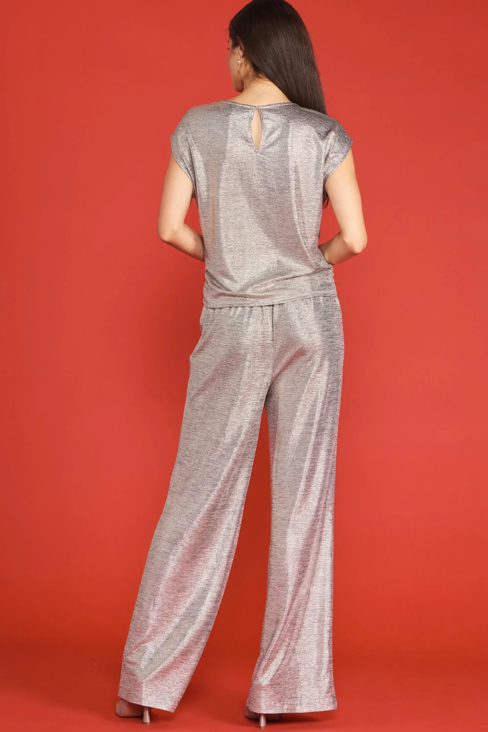 SKIES ARE BLUE Metallic Foil Print Shirred Waist Top* Short Sleeve Tops