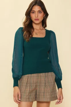 SKIES ARE BLUE Mixed Media Contrast Knit Top* Long Sleeve Tops