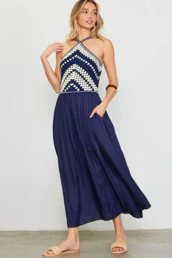 SKIES ARE BLUE Mixed Media Halter Neck Midi Dress* Midi Dresses