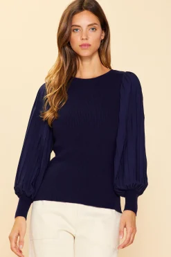 SKIES ARE BLUE Mixed Media Pleated Sleeve Top* Long Sleeve Tops