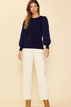 SKIES ARE BLUE Mixed Media Pleated Sleeve Top* Long Sleeve Tops