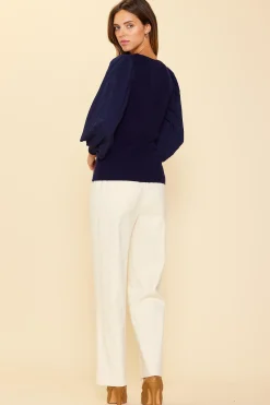 SKIES ARE BLUE Mixed Media Pleated Sleeve Top* Long Sleeve Tops