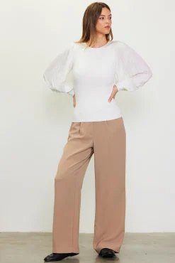 SKIES ARE BLUE Mixed Media Pleated Sleeve Top* Long Sleeve Tops