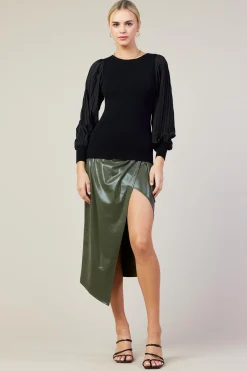 SKIES ARE BLUE Mixed Media Pleated Sleeve Top* Long Sleeve Tops