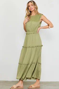 SKIES ARE BLUE Mixed Media Ruffled Tiered Midi Dress* Midi Dresses