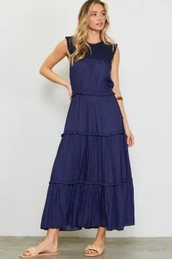 SKIES ARE BLUE Mixed Media Ruffled Tiered Midi Dress* Midi Dresses