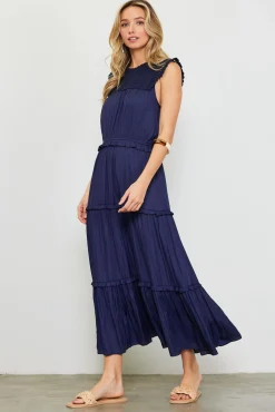 SKIES ARE BLUE Mixed Media Ruffled Tiered Midi Dress* Midi Dresses