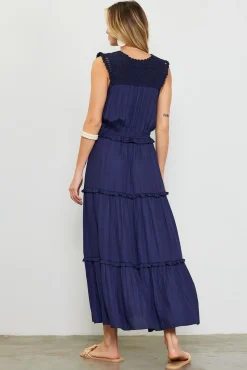 SKIES ARE BLUE Mixed Media Ruffled Tiered Midi Dress* Midi Dresses