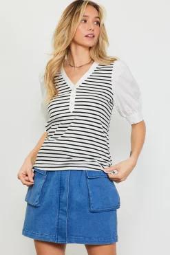 SKIES ARE BLUE Mixed Media Striped Puff Sleeve Top* Short Sleeve Tops