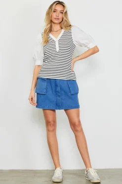 SKIES ARE BLUE Mixed Media Striped Puff Sleeve Top* Short Sleeve Tops