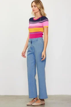 SKIES ARE BLUE Multicolor Stripe Knit Top* Short Sleeve Tops|Sweaters
