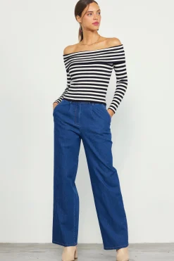 SKIES ARE BLUE Off Shoulder Stripped Knit Top* Long Sleeve Tops