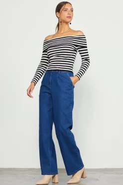 SKIES ARE BLUE Off Shoulder Stripped Knit Top* Long Sleeve Tops