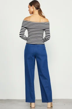 SKIES ARE BLUE Off Shoulder Stripped Knit Top* Long Sleeve Tops