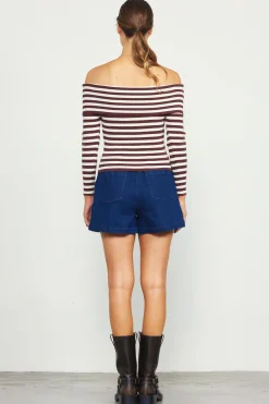 SKIES ARE BLUE Off Shoulder Stripped Knit Top* Long Sleeve Tops