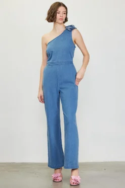 SKIES ARE BLUE One Shoulder Denim Jumpsuit with Rosette* Jumpsuits