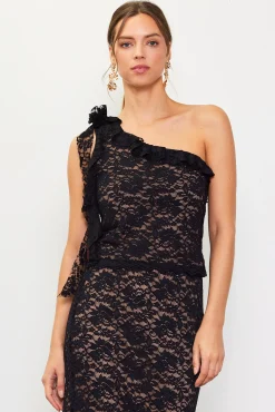 SKIES ARE BLUE One Shoulder Ruffle Trim Lace Top* Sleeveless Tops