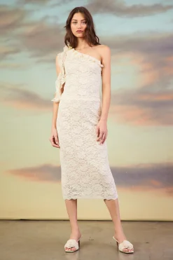 SKIES ARE BLUE One Shoulder Ruffle Trim Lace Top* Sleeveless Tops