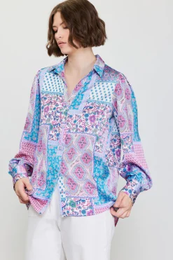 SKIES ARE BLUE Patch Print Button Down Blouse* Blouses|Long Sleeve Tops