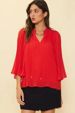 SKIES ARE BLUE Pleated Ruffled Trim Top* Long Sleeve Tops