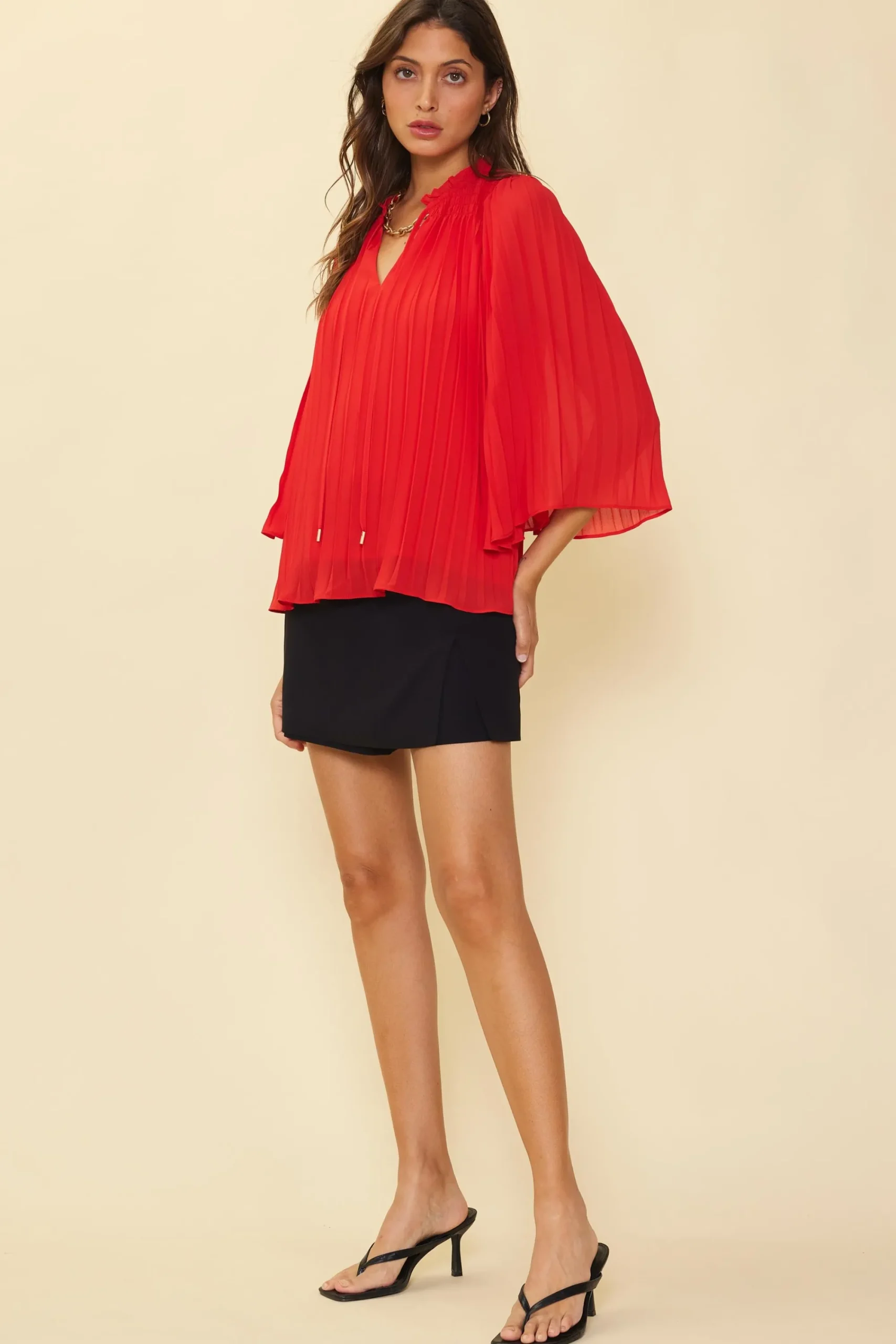 SKIES ARE BLUE Pleated Ruffled Trim Top* Long Sleeve Tops