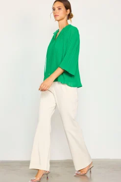 SKIES ARE BLUE Pleated Ruffled Trim Top* Long Sleeve Tops