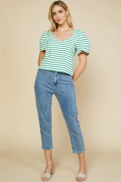 SKIES ARE BLUE Pleated Sleeve Knit Top* Short Sleeve Tops