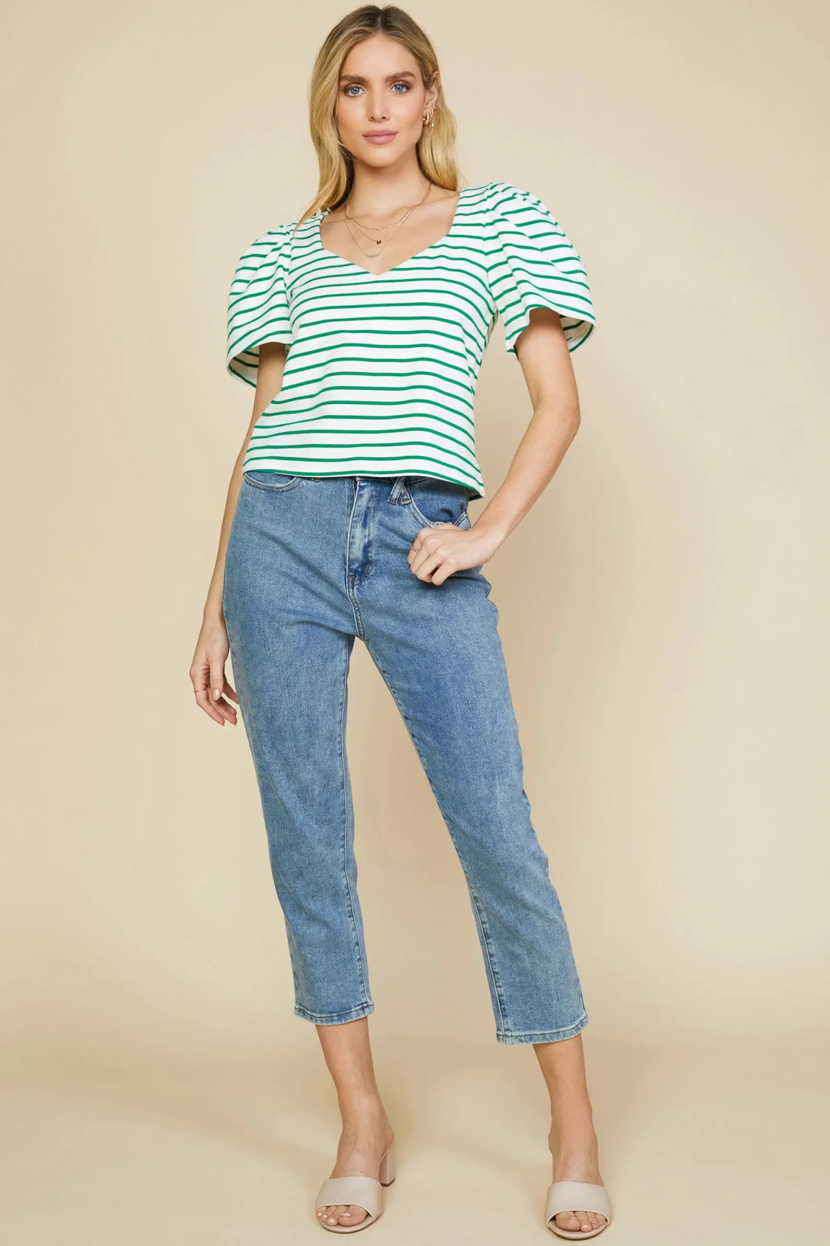 SKIES ARE BLUE Pleated Sleeve Knit Top* Short Sleeve Tops