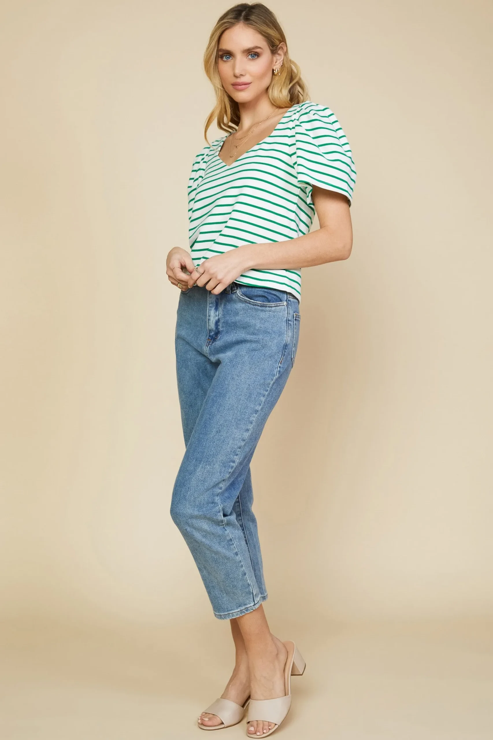 SKIES ARE BLUE Pleated Sleeve Knit Top* Short Sleeve Tops