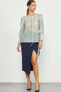 SKIES ARE BLUE Printed Crochet Round Neck Top* Long Sleeve Tops