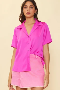 SKIES ARE BLUE Recycled Button Down Short Sleeve Shirt* Short Sleeve Tops