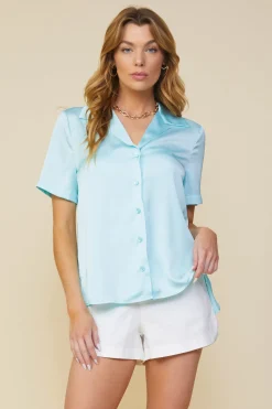 SKIES ARE BLUE Recycled Button Down Short Sleeve Shirt* Short Sleeve Tops