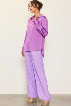 SKIES ARE BLUE Recycled Crinkle Satin Buttondown* Long Sleeve Tops