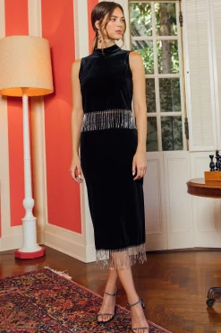 SKIES ARE BLUE Rhinestone Fringe High Waisted Skirt* Skirts