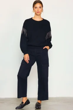 SKIES ARE BLUE Rhinestone Sleeve Trim Sweatshirt* Sweaters