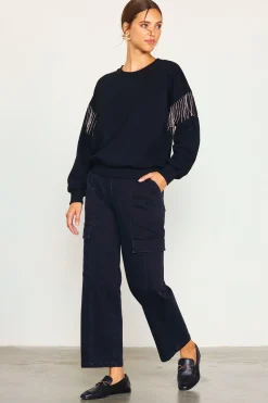 SKIES ARE BLUE Rhinestone Sleeve Trim Sweatshirt* Sweaters