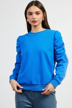 SKIES ARE BLUE Ruched Sleeves Crewneck Sweatshirt* Long Sleeve Tops|Sweaters