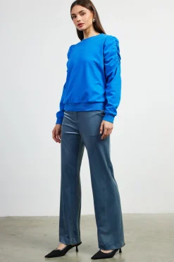 SKIES ARE BLUE Ruched Sleeves Crewneck Sweatshirt* Long Sleeve Tops|Sweaters