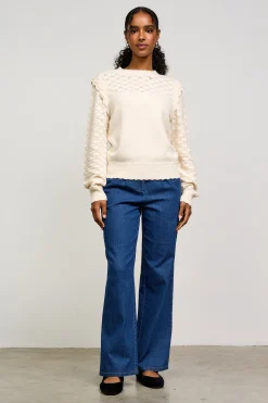 SKIES ARE BLUE Ruffled Sleeve Pointelle Sweater* Sweaters