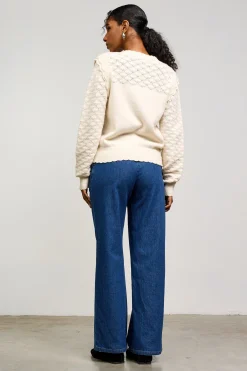 SKIES ARE BLUE Ruffled Sleeve Pointelle Sweater* Sweaters