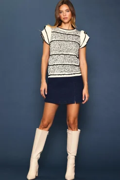 SKIES ARE BLUE Ruffled Sleeve Stripe Knit Sweater* Short Sleeve Tops|Sweaters