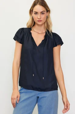 SKIES ARE BLUE Satin Ruffled Detail Top* Short Sleeve Tops